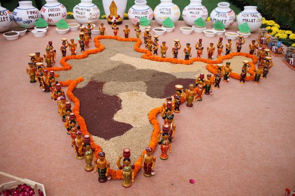 A display at the Global Conference of Millets in 2023 featured a millet map of India.