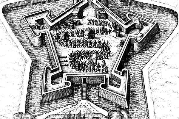 A 17th-century engraving depicts a star fort coming under siege.